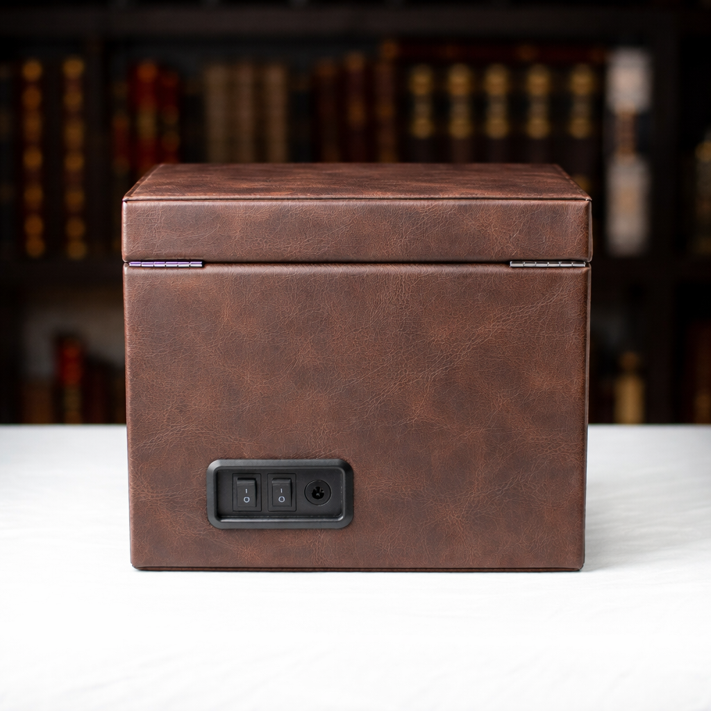 Coffret remontoir fermé, finition marron, sur fond blanc