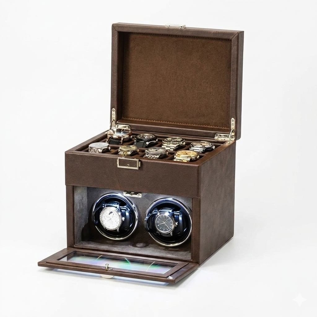 Coffret remontoir 2 montres avec rangement, finition marron, ouvert